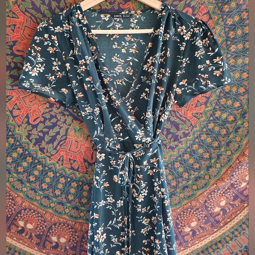 Green floral maxi wrap dress